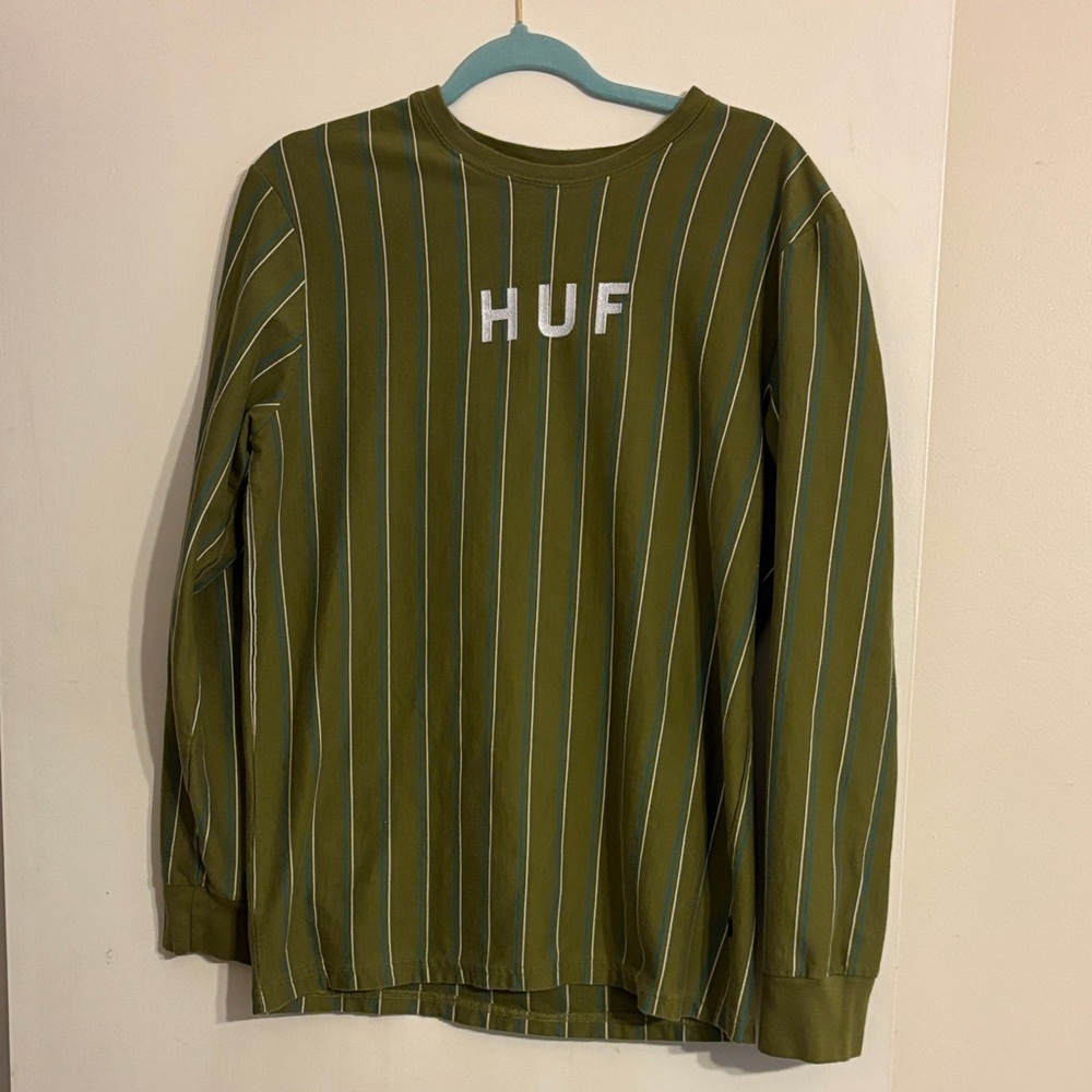 HUF Men’s Olive Green Pinstripe Long Sleeve Tee. Size L